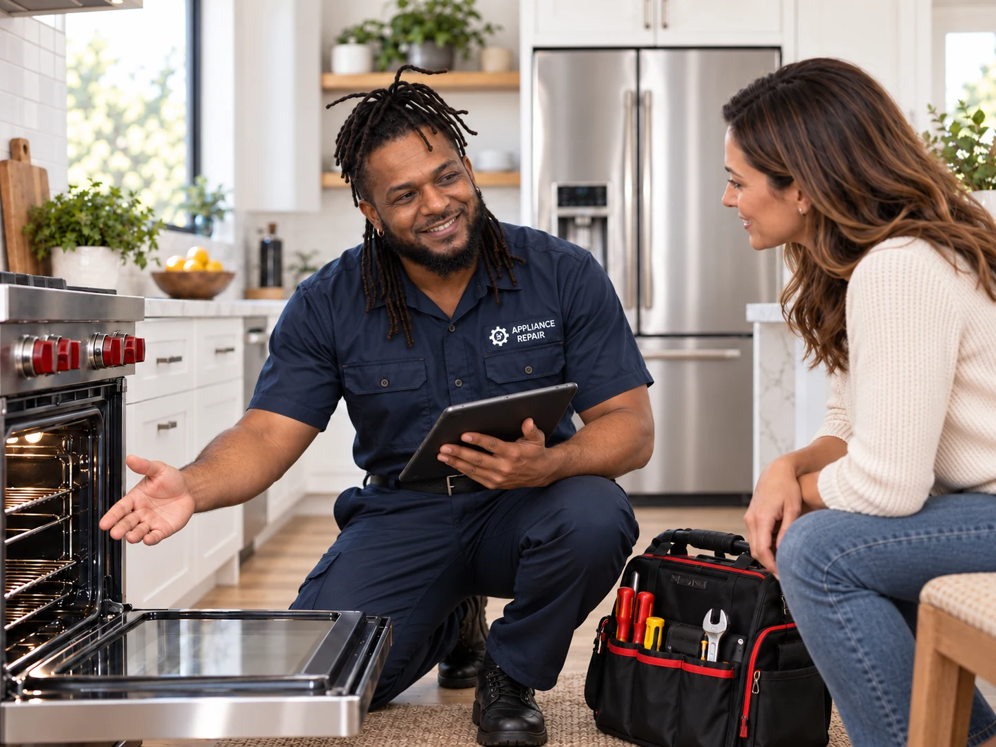 McIntosh technician discussing an oven repair with a customer